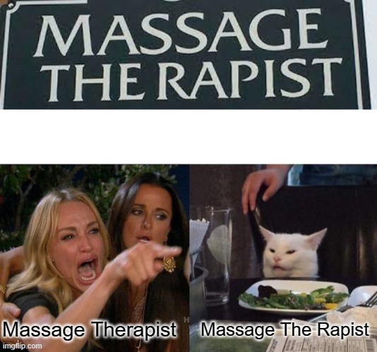 M i n d  T h e  G a p . . . | Massage Therapist; Massage The Rapist | image tagged in memes,woman yelling at cat,massage,therapy | made w/ Imgflip meme maker
