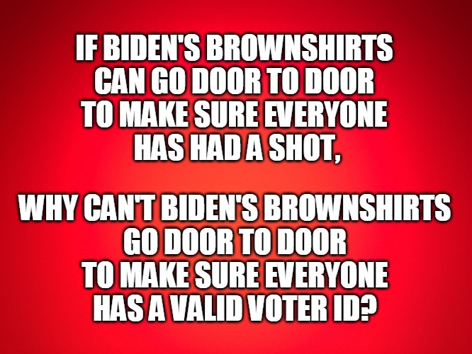 bidens brownshirts | IF BIDEN'S BROWNSHIRTS
CAN GO DOOR TO DOOR
TO MAKE SURE EVERYONE
 HAS HAD A SHOT, WHY CAN'T BIDEN'S BROWNSHIRTS
GO DOOR TO DOOR
TO MAKE SURE EVERYONE
HAS A VALID VOTER ID? | image tagged in red background | made w/ Imgflip meme maker