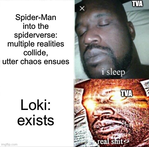 Sleeping Shaq | TVA; Spider-Man into the spiderverse: multiple realities collide, utter chaos ensues; Loki: exists; TVA | image tagged in memes,sleeping shaq | made w/ Imgflip meme maker