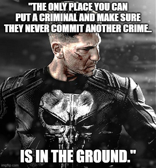 Truth hits like a ton of bricks | "THE ONLY PLACE YOU CAN PUT A CRIMINAL AND MAKE SURE THEY NEVER COMMIT ANOTHER CRIME.. IS IN THE GROUND." | image tagged in punisher,crime,political meme,stupid liberals,funny memes,so true memes | made w/ Imgflip meme maker