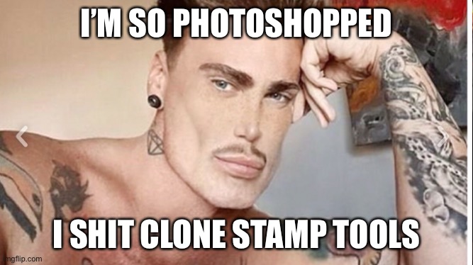 I’M SO PHOTOSHOPPED; I SHIT CLONE STAMP TOOLS | image tagged in photoshop | made w/ Imgflip meme maker