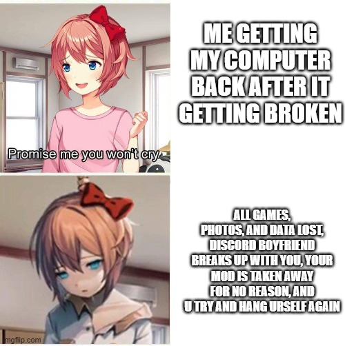 Promise you won't cry | ME GETTING MY COMPUTER BACK AFTER IT GETTING BROKEN; ALL GAMES, PHOTOS, AND DATA LOST, DISCORD BOYFRIEND BREAKS UP WITH YOU, YOUR MOD IS TAKEN AWAY FOR NO REASON, AND U TRY AND HANG URSELF AGAIN | image tagged in promise you won't cry | made w/ Imgflip meme maker