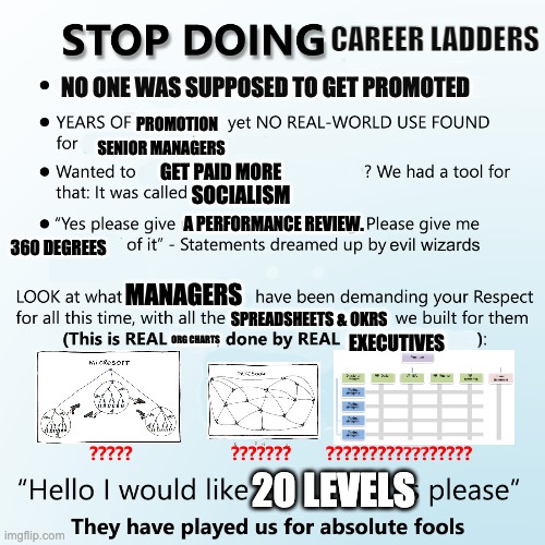 Stop doing X | CAREER LADDERS; NO ONE WAS SUPPOSED TO GET PROMOTED; PROMOTION; SENIOR MANAGERS; GET PAID MORE; SOCIALISM; A PERFORMANCE REVIEW. 360 DEGREES; MANAGERS; SPREADSHEETS & OKRS; ORG CHARTS; EXECUTIVES; 20 LEVELS | image tagged in stop doing x | made w/ Imgflip meme maker