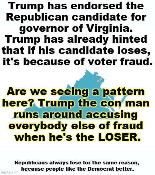 America doesn't like Republicans. | Trump has endorsed the 
Republican candidate for 
governor of Virginia. 

Trump has already hinted 
that if his candidate loses, 
it's because of voter fraud. Are we seeing a pattern 
here? Trump the con man 
runs around accusing 
everybody else of fraud 
when he's the LOSER. Republicans always lose for the same reason, 
because people like the Democrat better. | image tagged in trump,phony,voter fraud | made w/ Imgflip meme maker
