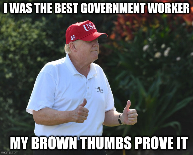 BS Rumpt | I WAS THE BEST GOVERNMENT WORKER; MY BROWN THUMBS PROVE IT | image tagged in bs rumpt | made w/ Imgflip meme maker