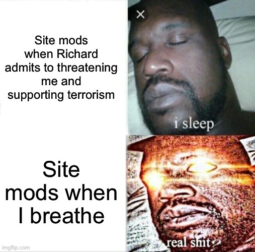 The site mod I’m referring to here knows who he/she is. I don’t want another conflict. | Site mods when Richard admits to threatening me and supporting terrorism; Site mods when I breathe | image tagged in memes,sleeping shaq,hypocrisy | made w/ Imgflip meme maker