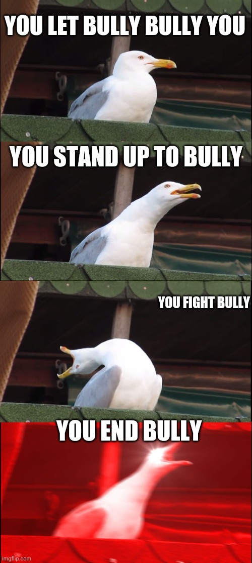 The steps of end bully | YOU LET BULLY BULLY YOU; YOU STAND UP TO BULLY; YOU FIGHT BULLY; YOU END BULLY | image tagged in memes,inhaling seagull | made w/ Imgflip meme maker