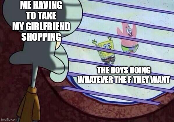 Squidward window | ME HAVING TO TAKE MY GIRLFRIEND SHOPPING; THE BOYS DOING WHATEVER THE F THEY WANT | image tagged in squidward window | made w/ Imgflip meme maker