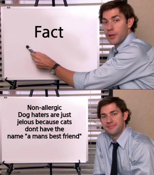 Dog hater Fact | Fact; Non-allergic Dog haters are just jelous because cats dont have the name "a mans best friend" | image tagged in jim halpert explains | made w/ Imgflip meme maker