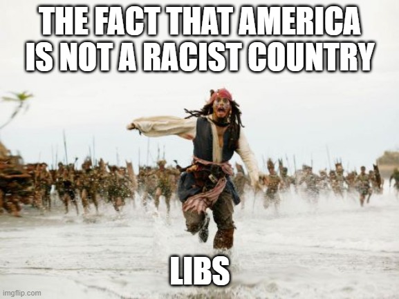 Jack Sparrow Being Chased Meme | THE FACT THAT AMERICA IS NOT A RACIST COUNTRY; LIBS | image tagged in memes,jack sparrow being chased | made w/ Imgflip meme maker