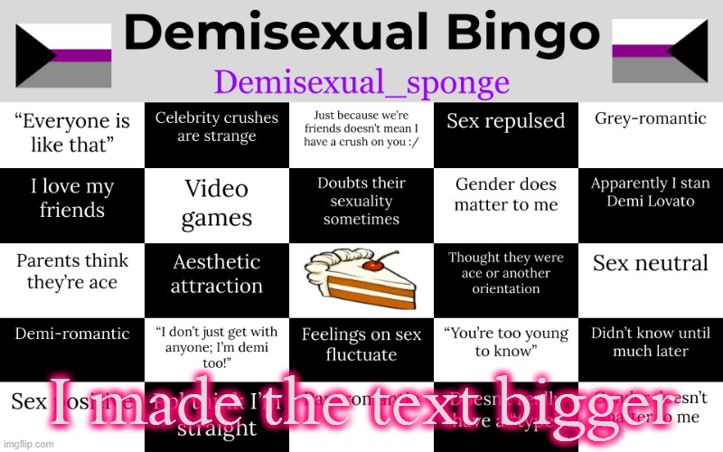 Enjoy ig | I made the text bigger | image tagged in demisexual bingo enlarged text,demisexual_sponge | made w/ Imgflip meme maker