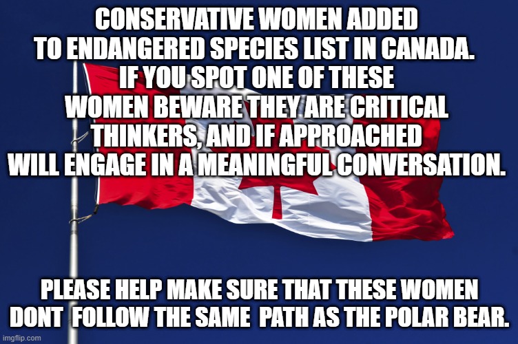 CONSERVATIVE WOMEN ADDED TO ENDANGERED SPECIES LIST IN CANADA. 
IF YOU SPOT ONE OF THESE WOMEN BEWARE THEY ARE CRITICAL THINKERS, AND IF APPROACHED WILL ENGAGE IN A MEANINGFUL CONVERSATION. PLEASE HELP MAKE SURE THAT THESE WOMEN DONT  FOLLOW THE SAME  PATH AS THE POLAR BEAR. | made w/ Imgflip meme maker