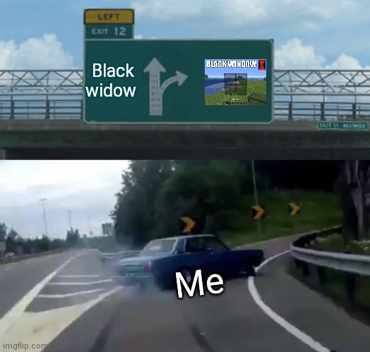 Left Exit 12 Off Ramp | Black widow; Me | image tagged in memes,left exit 12 off ramp | made w/ Imgflip meme maker