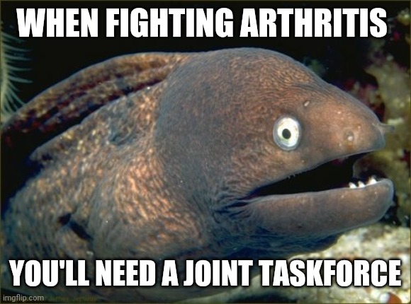 Idk why I've fallen off again after those few memes that I did after falling off before that. I'll try to be more frequent | WHEN FIGHTING ARTHRITIS; YOU'LL NEED A JOINT TASKFORCE | image tagged in memes,bad joke eel,pain,aging | made w/ Imgflip meme maker
