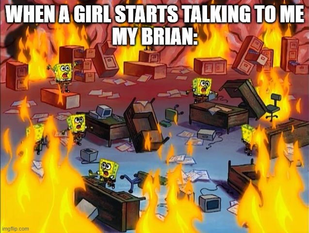CODE RED! CODE RED!!! | WHEN A GIRL STARTS TALKING TO ME
MY BRIAN: | image tagged in spongebob fire,my brain,memes,lol so funny | made w/ Imgflip meme maker