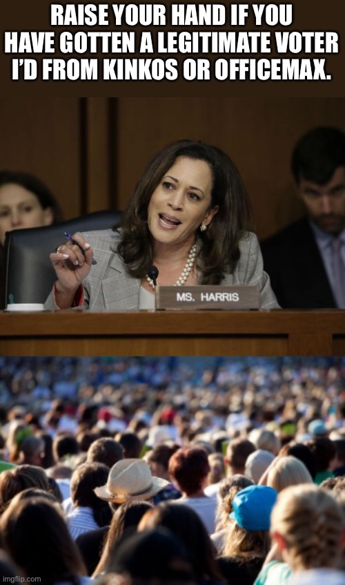 Kinkos is where you get voter ID? | RAISE YOUR HAND IF YOU HAVE GOTTEN A LEGITIMATE VOTER I’D FROM KINKOS OR OFFICEMAX. | image tagged in kamala harris,big crowd | made w/ Imgflip meme maker