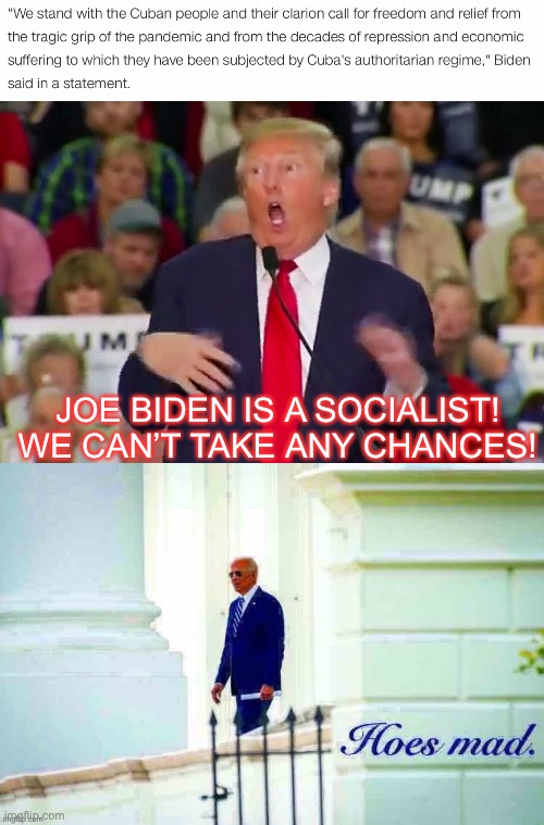 mhmm. sure he is. | JOE BIDEN IS A SOCIALIST! WE CAN’T TAKE ANY CHANCES! | image tagged in trump idiot | made w/ Imgflip meme maker