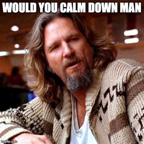 Confused Lebowski Meme | WOULD YOU CALM DOWN MAN | image tagged in memes,confused lebowski | made w/ Imgflip meme maker