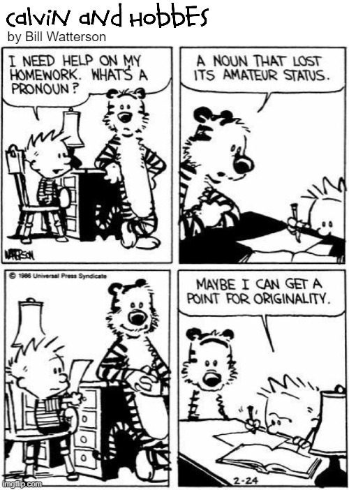 Classic Calvin ponders pronouns | by Bill Watterson | image tagged in calvin and hobbes,pronoun,original,homework,funny homework,imagination | made w/ Imgflip meme maker