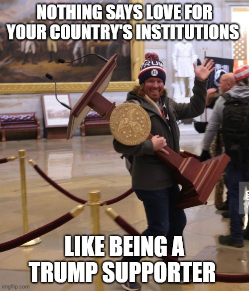 Trumpers - Only the best | NOTHING SAYS LOVE FOR YOUR COUNTRY'S INSTITUTIONS; LIKE BEING A TRUMP SUPPORTER | image tagged in dc rioter pelosi podium,donald trump,republicans,trump supporters,riots | made w/ Imgflip meme maker