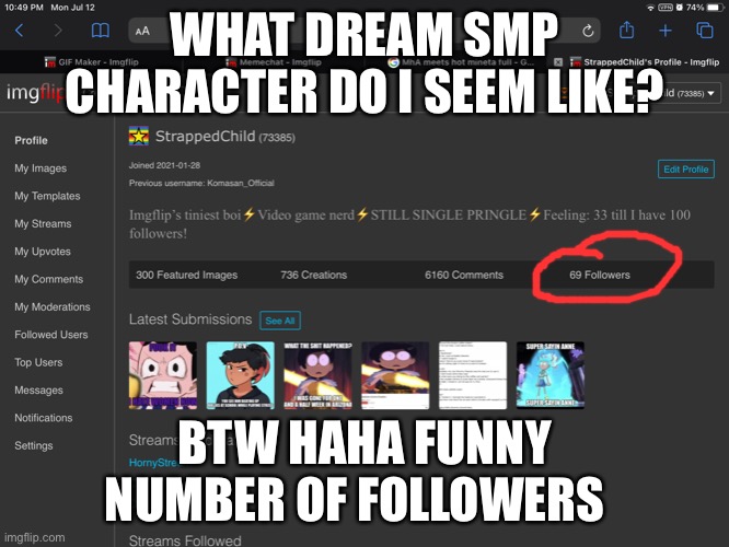 69 down. 31 to go | WHAT DREAM SMP CHARACTER DO I SEEM LIKE? BTW HAHA FUNNY NUMBER OF FOLLOWERS | made w/ Imgflip meme maker