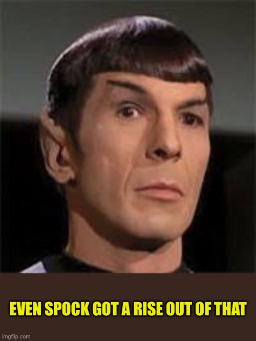 Spock Shock | EVEN SPOCK GOT A RISE OUT OF THAT | image tagged in eyebrow rise,spock | made w/ Imgflip meme maker