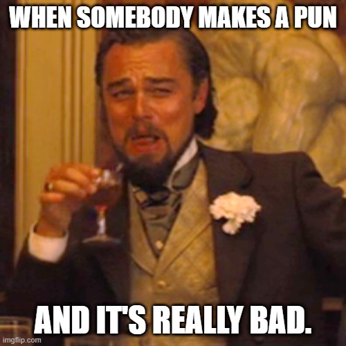 Laughing Leo Meme | WHEN SOMEBODY MAKES A PUN; AND IT'S REALLY BAD. | image tagged in memes,laughing leo | made w/ Imgflip meme maker