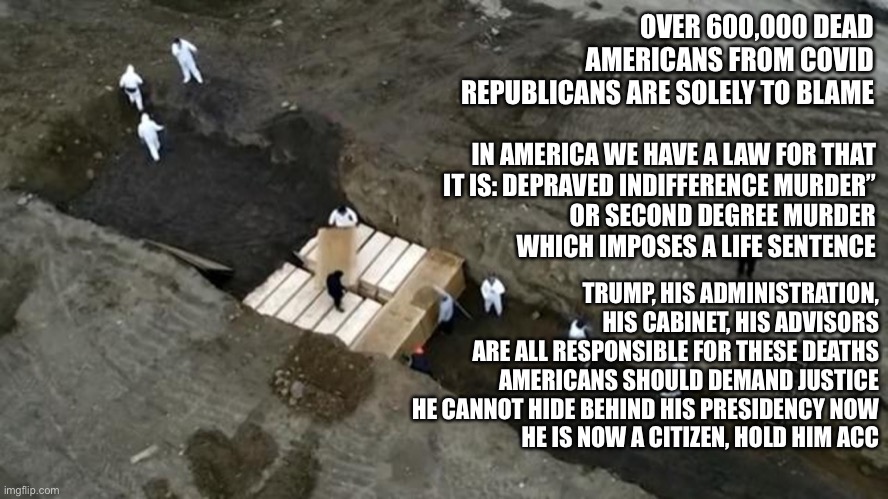 mass graves | OVER 600,000 DEAD
AMERICANS FROM COVID
REPUBLICANS ARE SOLELY TO BLAME; IN AMERICA WE HAVE A LAW FOR THAT
IT IS: DEPRAVED INDIFFERENCE MURDER”
OR SECOND DEGREE MURDER
WHICH IMPOSES A LIFE SENTENCE; TRUMP, HIS ADMINISTRATION,
HIS CABINET, HIS ADVISORS
ARE ALL RESPONSIBLE FOR THESE DEATHS
AMERICANS SHOULD DEMAND JUSTICE
HE CANNOT HIDE BEHIND HIS PRESIDENCY NOW
HE IS NOW A CITIZEN, HOLD HIM ACCOUNTABLE | image tagged in mass graves | made w/ Imgflip meme maker