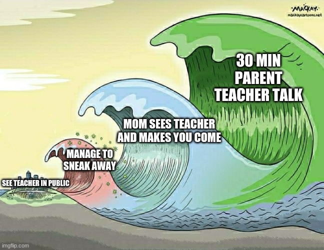 When mom sees the teacher ur doomed | 30 MIN PARENT TEACHER TALK; MOM SEES TEACHER AND MAKES YOU COME; MANAGE TO SNEAK AWAY; SEE TEACHER IN PUBLIC | image tagged in tidal wave,memes,funny memes | made w/ Imgflip meme maker