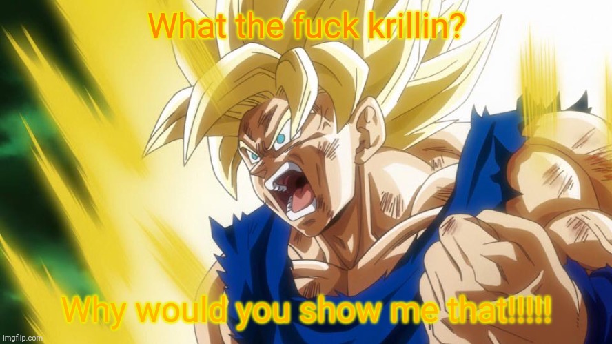 goku ssj | What the fuck krillin? Why would you show me that!!!!! | image tagged in goku ssj | made w/ Imgflip meme maker
