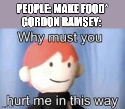 It looks like canned dog food - Gordon Ramsey | PEOPLE: MAKE FOOD*; GORDON RAMSEY: | image tagged in why must you hurt me in this way | made w/ Imgflip meme maker