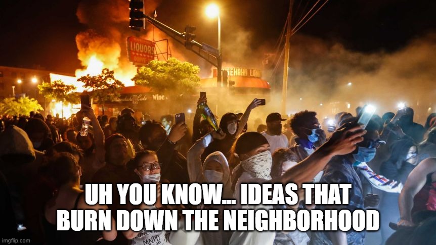 RiotersNoDistancing | UH YOU KNOW... IDEAS THAT BURN DOWN THE NEIGHBORHOOD | image tagged in riotersnodistancing | made w/ Imgflip meme maker
