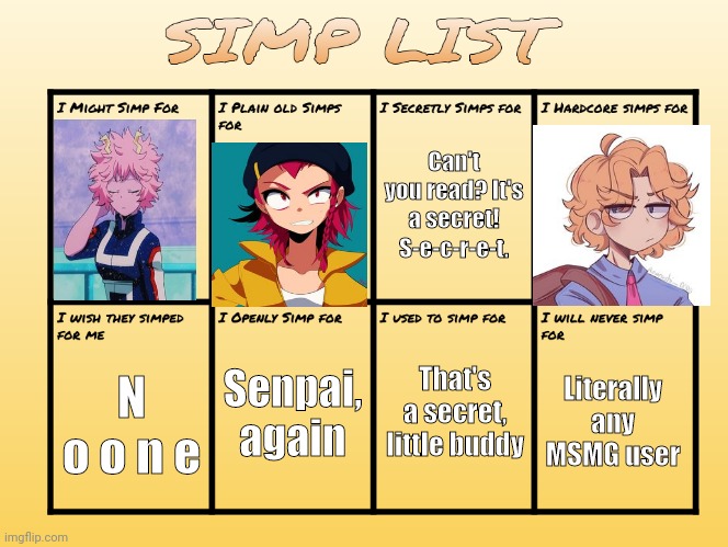 ✨ updated ✨ also bcuz trend | Can't you read? It's a secret! S-e-c-r-e-t. That's a secret, little buddy; N o o n e; Literally any MSMG user; Senpai, again | image tagged in simp list | made w/ Imgflip meme maker