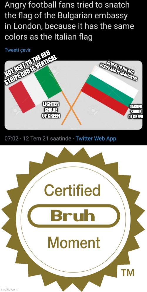 Hmmmm….. | NOT NEXT TO THE RED STRIPE AND IS VERTICAL; IS NEXT TO THE RED STRIPE AND IS HORIZONTAL; LIGHTER SHADE OF GREEN; DARKER SHADE OF GREEN | image tagged in certified bruh moment | made w/ Imgflip meme maker
