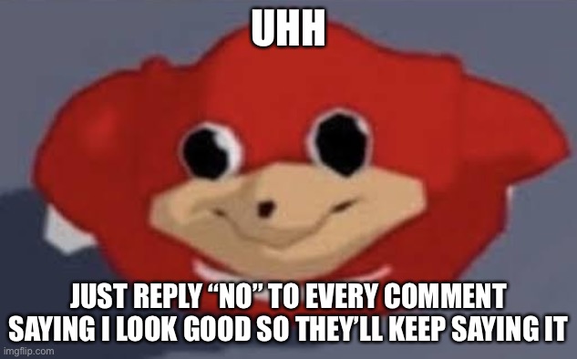 ugandan knucleeee | UHH JUST REPLY “NO” TO EVERY COMMENT SAYING I LOOK GOOD SO THEY’LL KEEP SAYING IT | image tagged in ugandan knucleeee | made w/ Imgflip meme maker