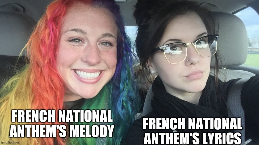 Listen to it and you'll get it | FRENCH NATIONAL ANTHEM'S LYRICS; FRENCH NATIONAL ANTHEM'S MELODY | image tagged in rainbow hair and goth | made w/ Imgflip meme maker