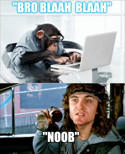 Keyboard warrior meme | "BRO BLAAH  BLAAH"; "NOOB" | image tagged in monkey-laptop,come out and play - warriors | made w/ Imgflip meme maker