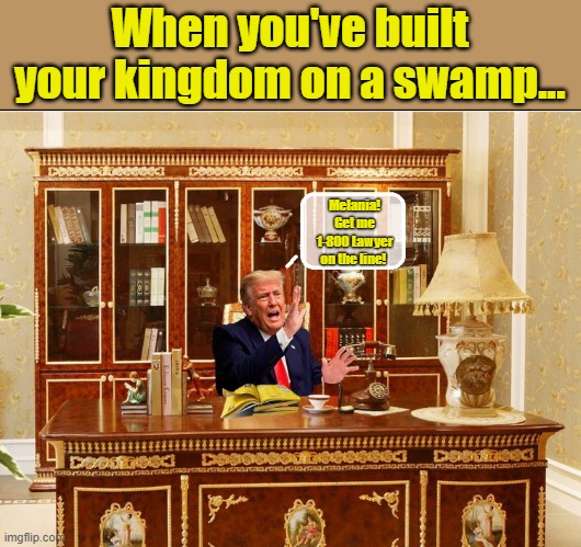 Desperate Donald Struggles To Find Lawyers... | When you've built your kingdom on a swamp... Melania! Get me 1-800 Lawyer on the line! | image tagged in donald trump,drain the swamp,trump is a moron,donald trump is an idiot | made w/ Imgflip meme maker