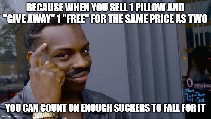 Roll Safe Think About It Meme | BECAUSE WHEN YOU SELL 1 PILLOW AND "GIVE AWAY" 1 "FREE" FOR THE SAME PRICE AS TWO YOU CAN COUNT ON ENOUGH SUCKERS TO FALL FOR IT | image tagged in memes,roll safe think about it | made w/ Imgflip meme maker