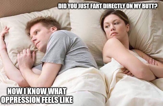 Couple thinking bed fart | DID YOU JUST FART DIRECTLY ON MY BUTT? NOW I KNOW WHAT OPPRESSION FEELS LIKE | image tagged in couple thinking bed | made w/ Imgflip meme maker