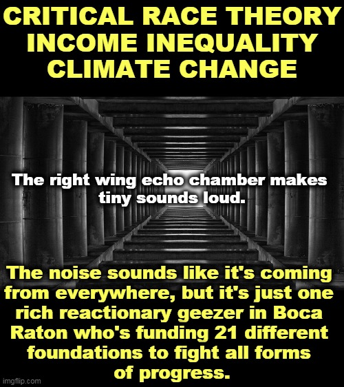Hysteria costs money, and somebody is buying a lot of it. | CRITICAL RACE THEORY
INCOME INEQUALITY
CLIMATE CHANGE; The right wing echo chamber makes 
tiny sounds loud. The noise sounds like it's coming 

from everywhere, but it's just one 
rich reactionary geezer in Boca 
Raton who's funding 21 different 
foundations to fight all forms 
of progress. | image tagged in rich,racist,right wing | made w/ Imgflip meme maker