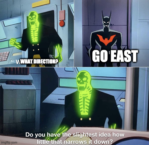 Do you have the slightest idea how little that narrows it down? | WHAT DIRECTION? GO EAST | image tagged in do you have the slightest idea how little that narrows it down | made w/ Imgflip meme maker