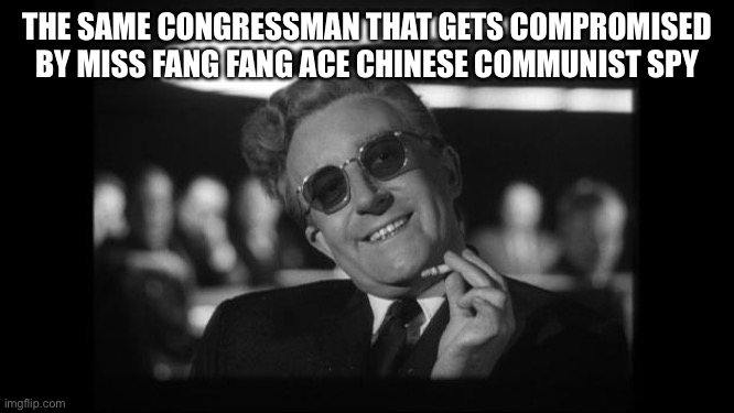 dr strangelove | THE SAME CONGRESSMAN THAT GETS COMPROMISED BY MISS FANG FANG ACE CHINESE COMMUNIST SPY | image tagged in dr strangelove | made w/ Imgflip meme maker
