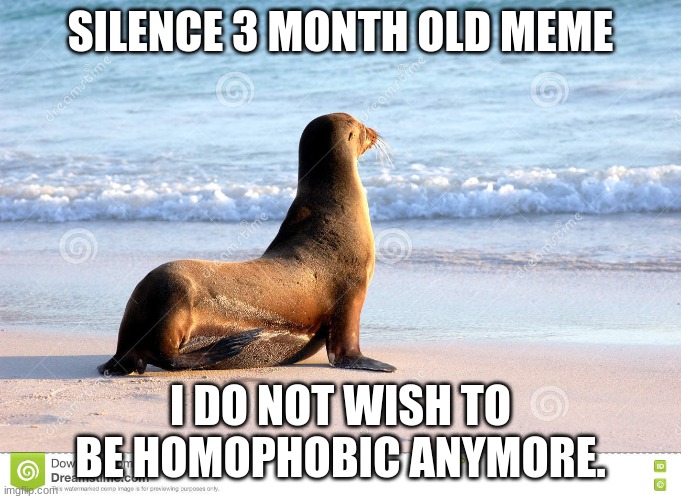 he justs want to be happy :( | SILENCE 3 MONTH OLD MEME; I DO NOT WISH TO BE HOMOPHOBIC ANYMORE. | image tagged in seal,silence,memes,oh wow are you actually reading these tags | made w/ Imgflip meme maker