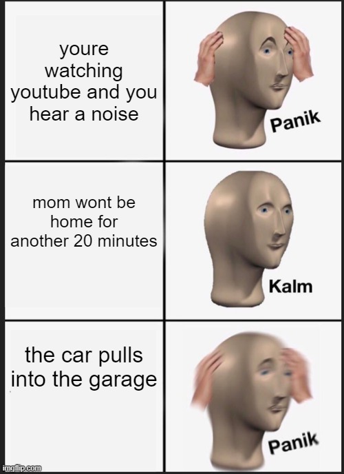 true story now excuse me while i delete youtube from my history and make up some story about what i was doing on the computer | youre watching youtube and you hear a noise; mom wont be home for another 20 minutes; the car pulls into the garage | image tagged in memes,panik kalm panik | made w/ Imgflip meme maker