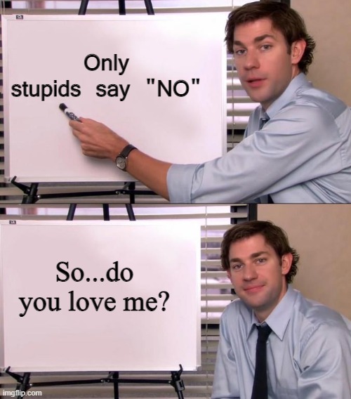 Do you love me? | Only stupids say "NO"; So...do you love me? | image tagged in jim halpert explains | made w/ Imgflip meme maker