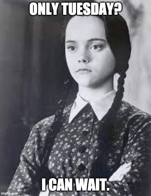 Wednesday on Tuesday | ONLY TUESDAY? I CAN WAIT. | image tagged in wednesday addams | made w/ Imgflip meme maker