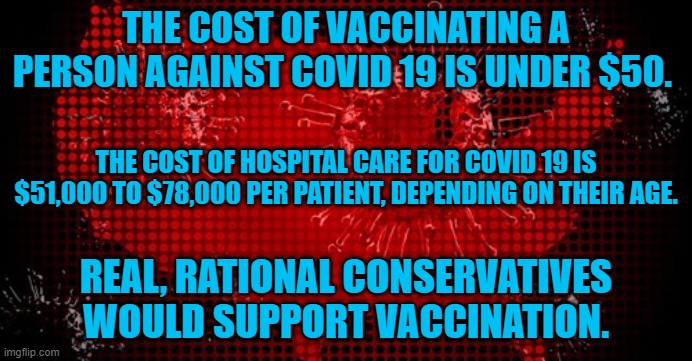 President Pandemic led conservatives away from their roots. | THE COST OF VACCINATING A PERSON AGAINST COVID 19 IS UNDER $50. THE COST OF HOSPITAL CARE FOR COVID 19 IS $51,000 TO $78,000 PER PATIENT, DEPENDING ON THEIR AGE. REAL, RATIONAL CONSERVATIVES WOULD SUPPORT VACCINATION. | image tagged in politics | made w/ Imgflip meme maker