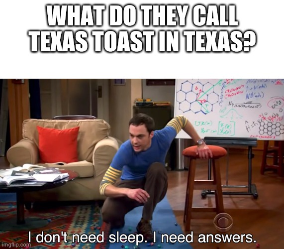 Life question | WHAT DO THEY CALL TEXAS TOAST IN TEXAS? | image tagged in i don't need sleep i need answers | made w/ Imgflip meme maker