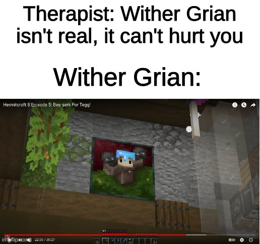 Help | Therapist: Wither Grian isn't real, it can't hurt you; Wither Grian: | image tagged in blank white template,hermitcraft,minecraft | made w/ Imgflip meme maker